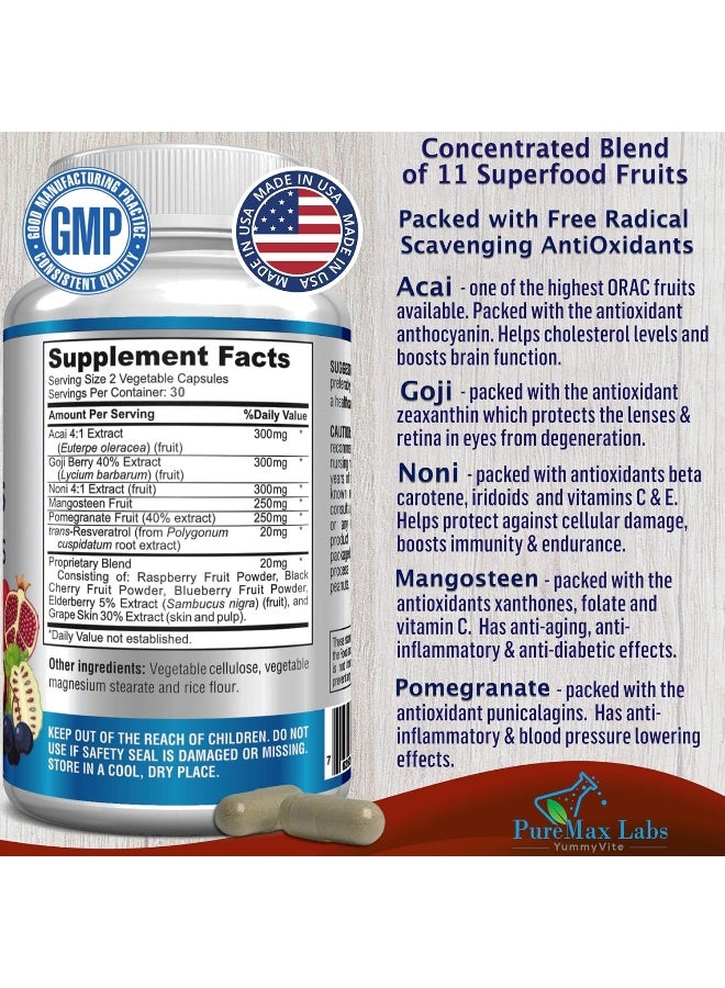 YUMMYVITE Super Antioxidant Fruit Superfood Complex - Powerful Antioxidant Superfruits, Acai, Goji, Noni, Mangosteen, Pomegranate, Elderberry, Resveratrol, Immune Support, Skin Care - 60 Capsules - Image 2
